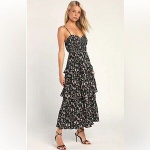 Lulu’s Cascading Crush Floral Print Tiered Bustier Midi Dress in Black XL